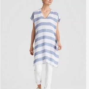 EILEEN FISHER Chambray Blue Stripe Linen Crinkle Gauze Tunic Top, Size S/M